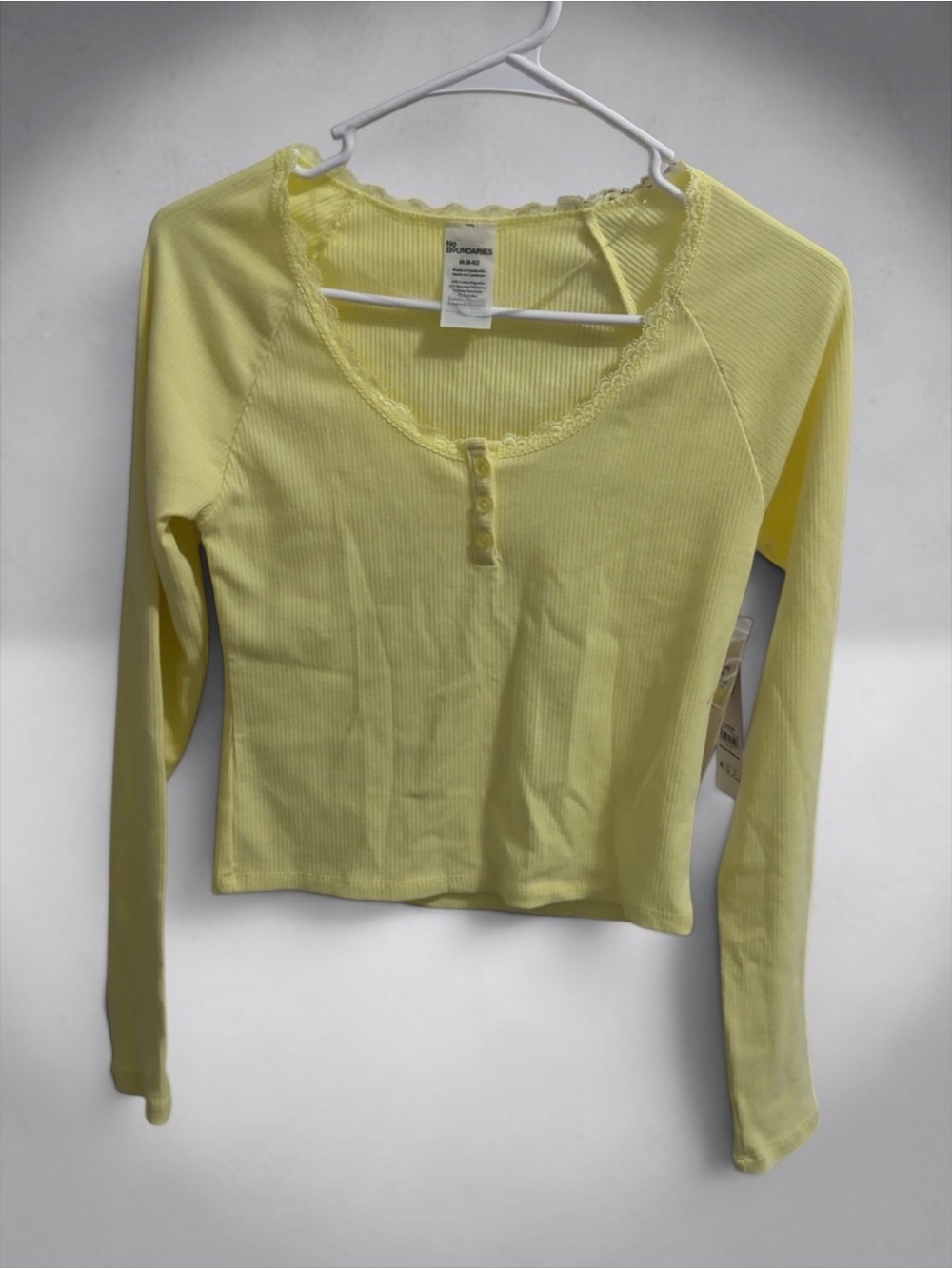 No Boundaries Yellow Ribbed Lace-Trim Cropped Henley Top
